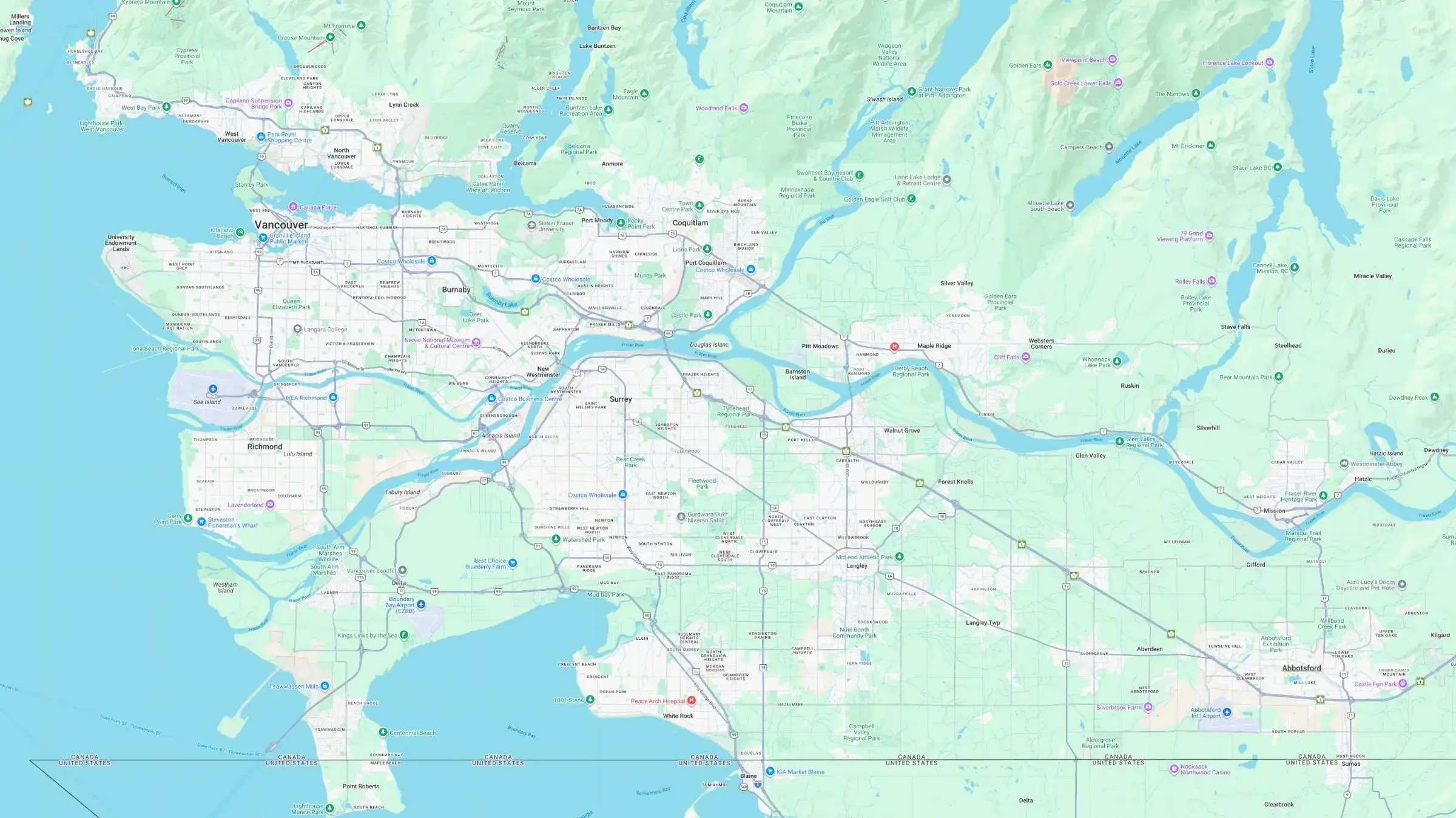 Map of Greater Vancouver and the Fraser Valley showing the cities served by NOW Locksmith