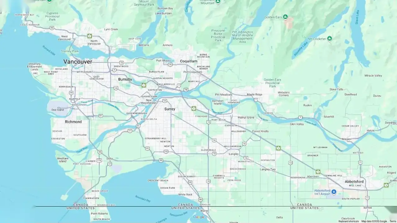 Map of Greater Vancouver and the Fraser Valley showing NOW Locksmith technician locations