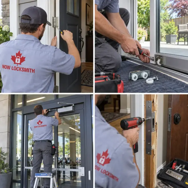 NOW Locksmith technician repairing a house entry door, a sliding patio door, an office storefront door and a door damaged by a break-in in Vancouver, BC