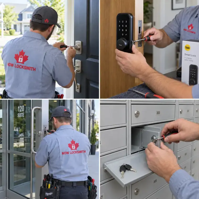 NOW Locksmith technician changing a house entry door lock, installing a smart lock, repairing an office door lock and replacing a mailbox lock in Vancouver, BC